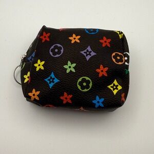 Monogram Coin Pouch Keychain Holder Multi Color Flowers‎ Black